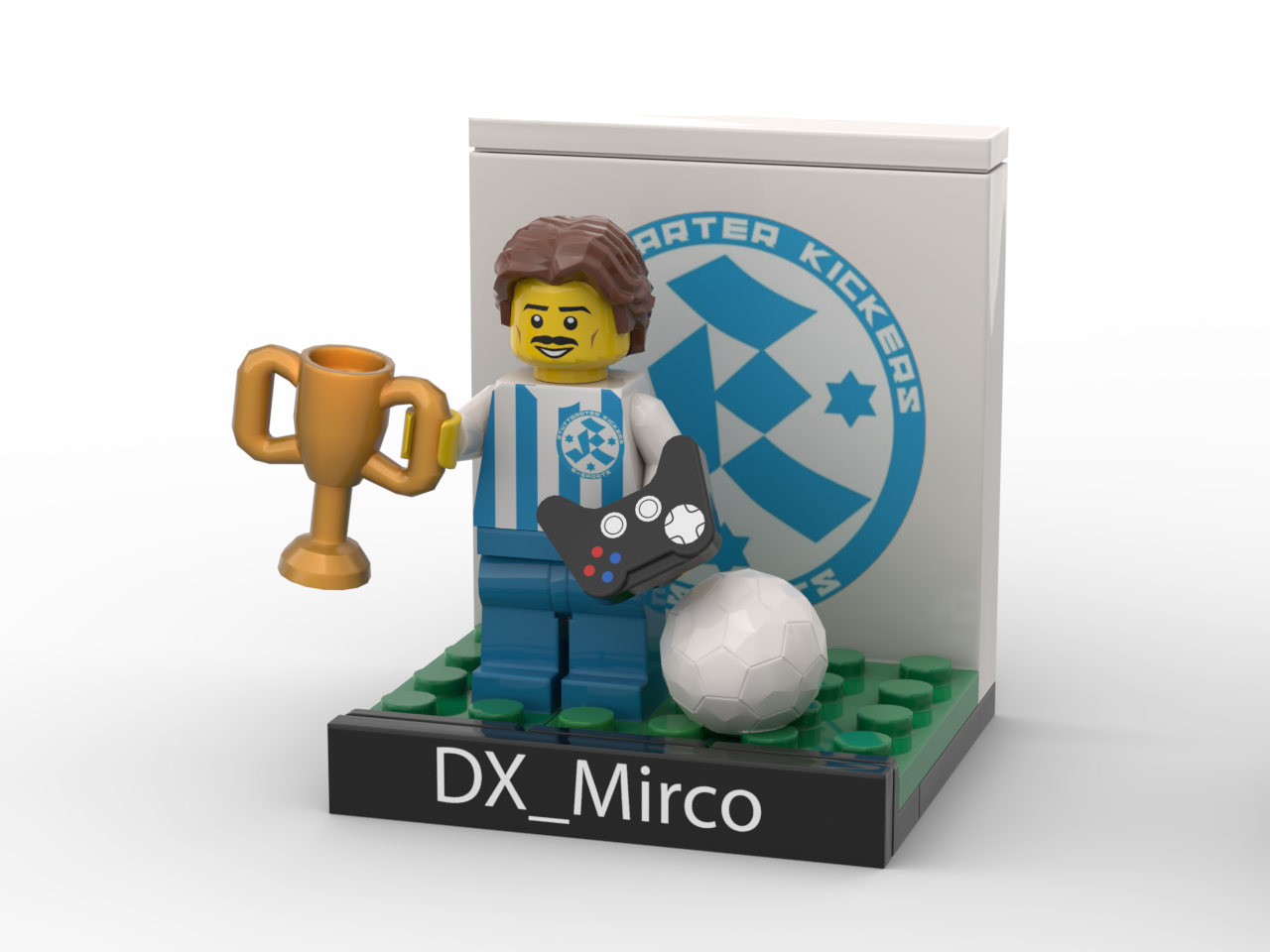 Bandenkick E-Sport Display mit personalisierter Minifigur, Pokal, Controller und bedruckter Rückwand