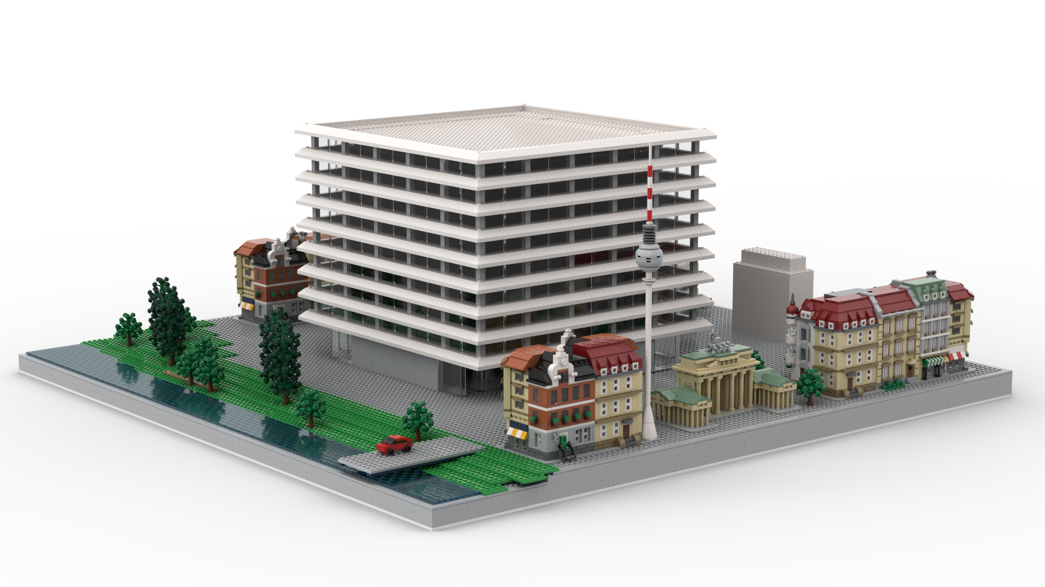 Großmodell eines Firmengebäudes mit Stadtumgebung aus LEGO®-Bausteinen