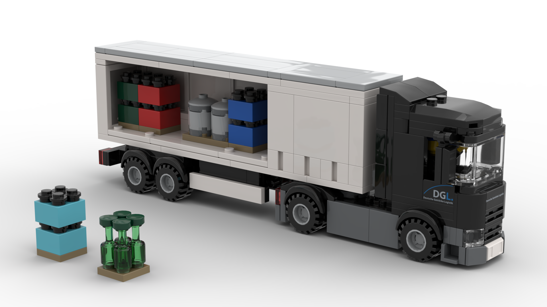 Individueller Werbe-LKW als Bausteinmodell mit Firmenlogo und individueller Beladung