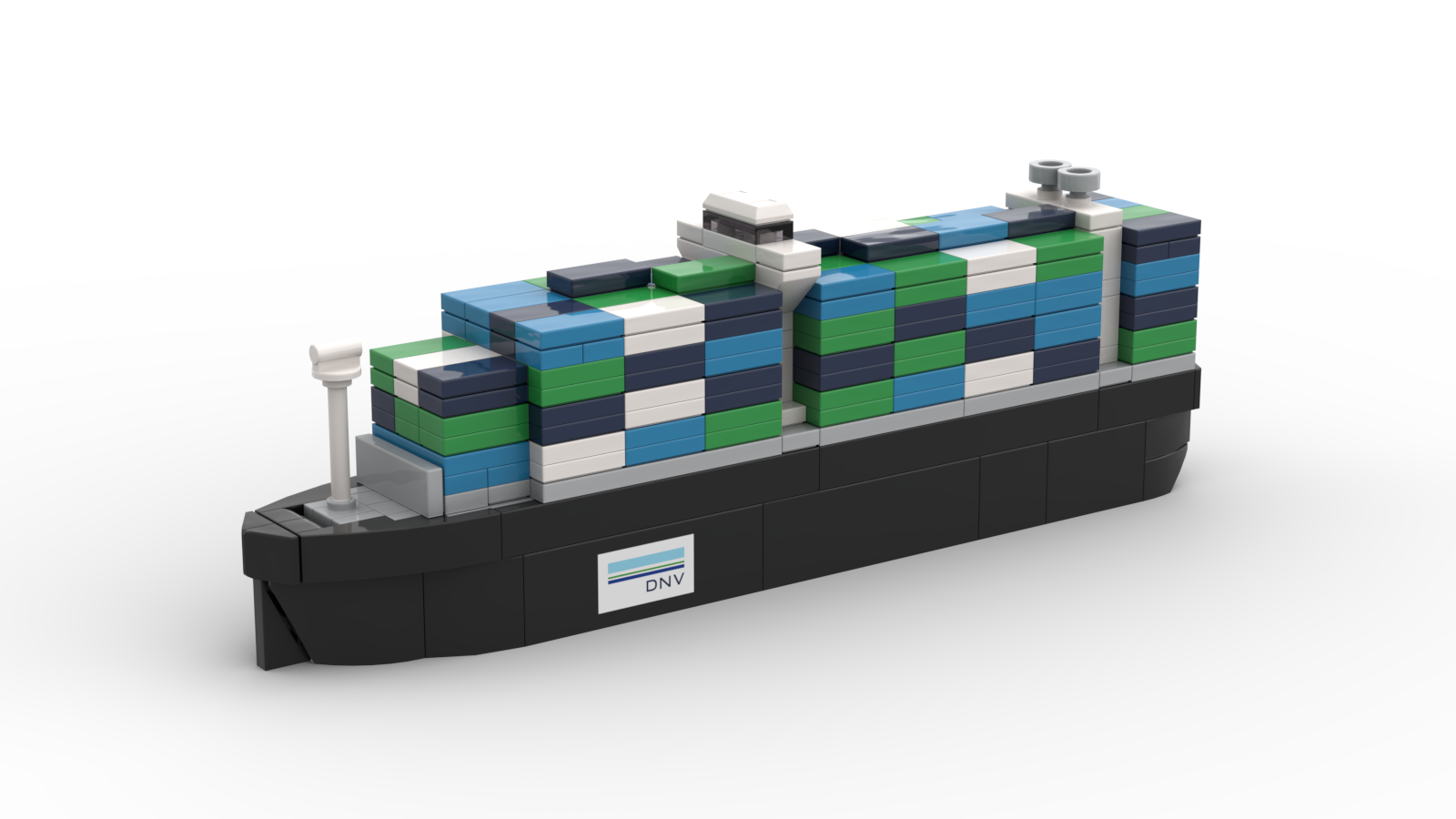 Individuelles Containerschiff aus LEGO Steinen mit Firmenlogo und Containern