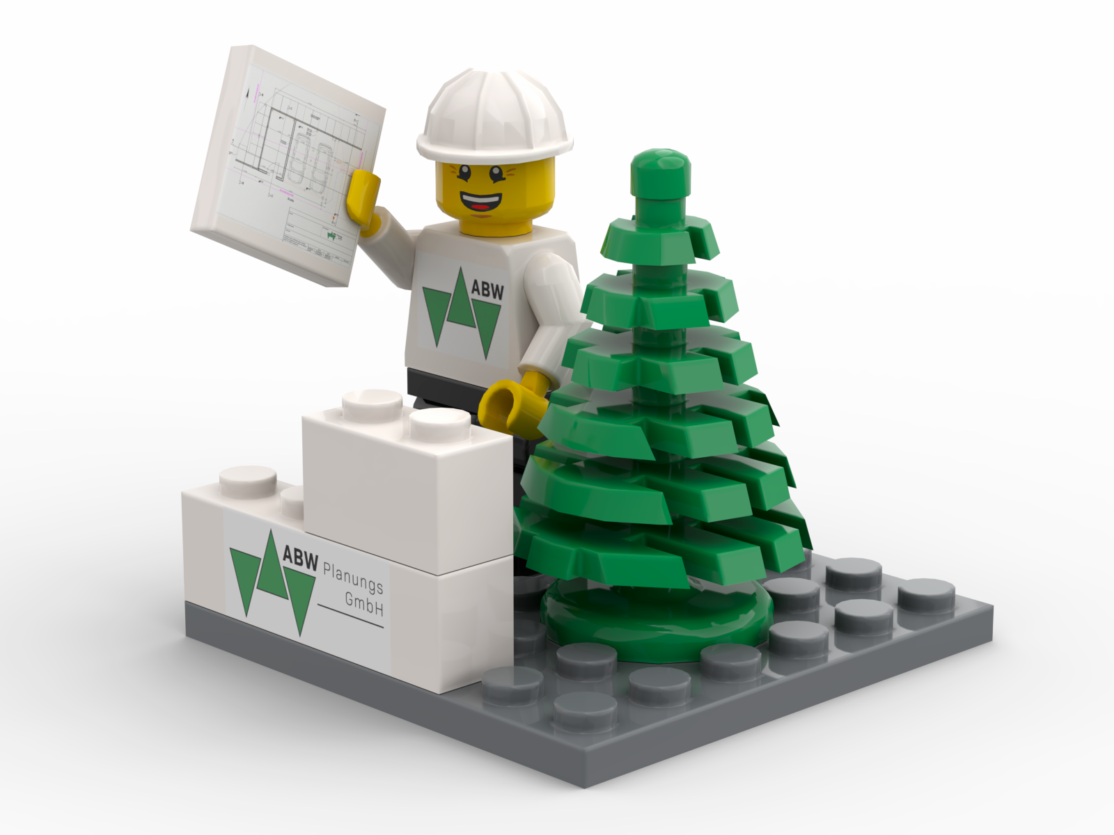 Personalisiertes LEGO Display für ein Planungsbüro mit Minifigur, Bauplan und Firmenlogo