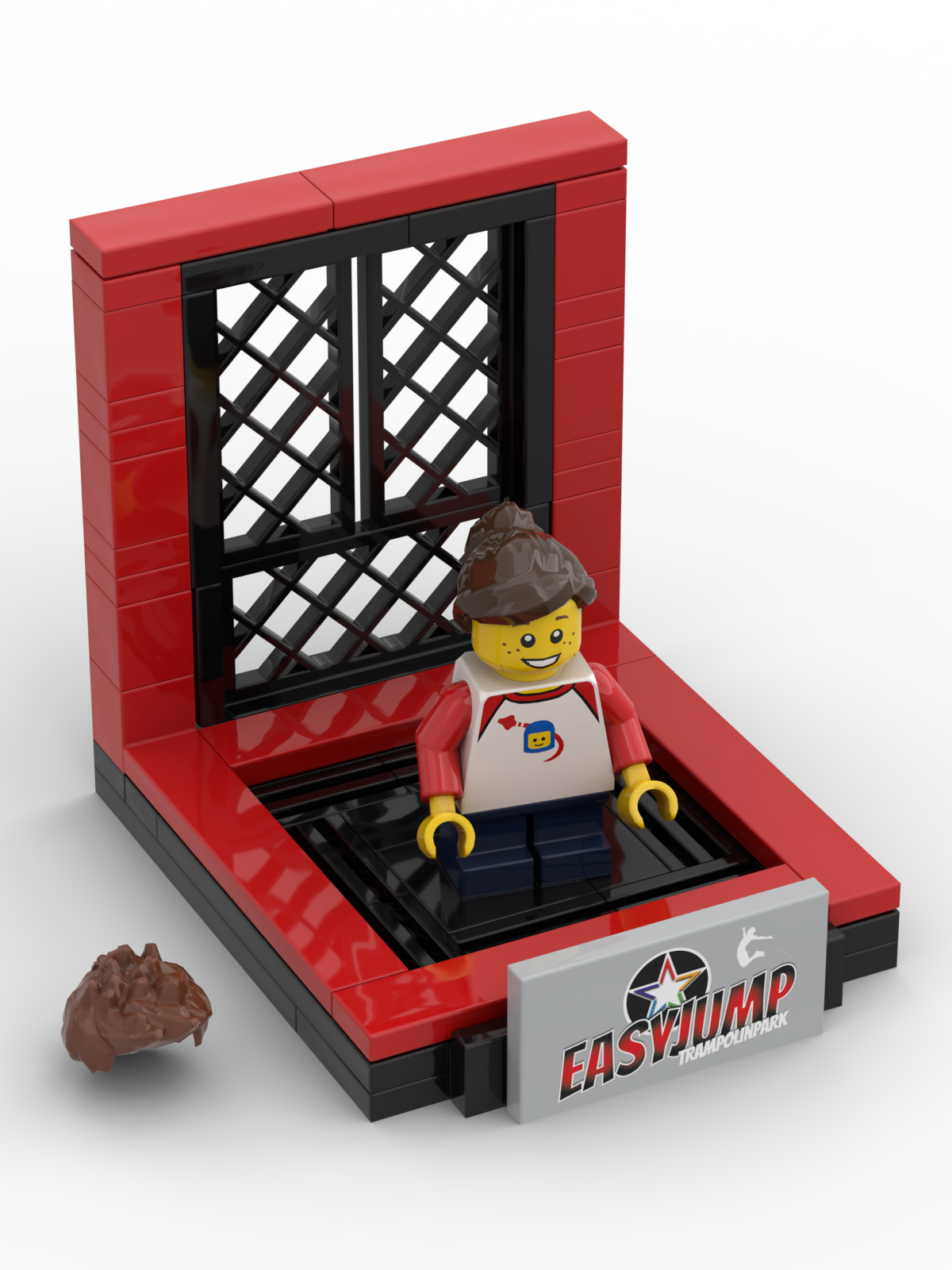 Individuelles Trampolin-Display mit personalisierter Minifigur und Firmenbranding