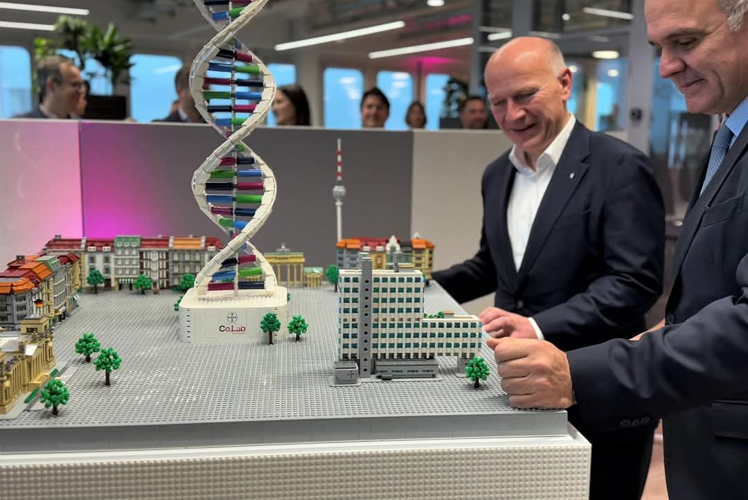 Großes DNA-Modell aus Bausteinen für eine Veranstaltung und Laboreröffnung